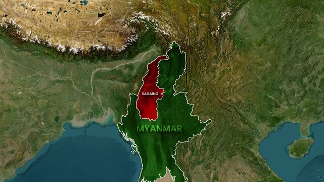 Animated map clip showing the region of Sagaing within Myanmar