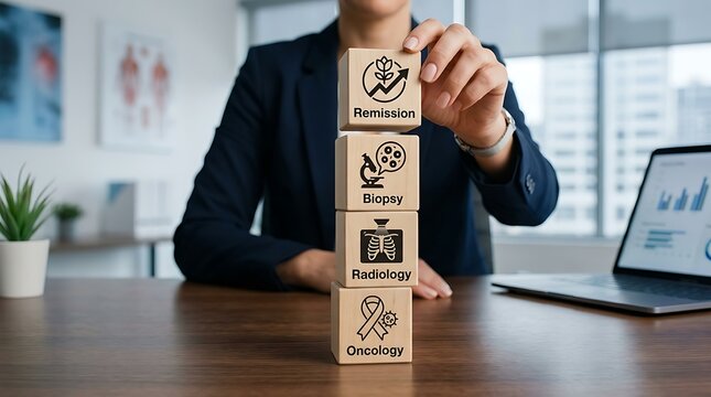  a person arranging wooden blocks printed with icons representing "Remission," "Biopsy," "Radiology," and cancer awareness.