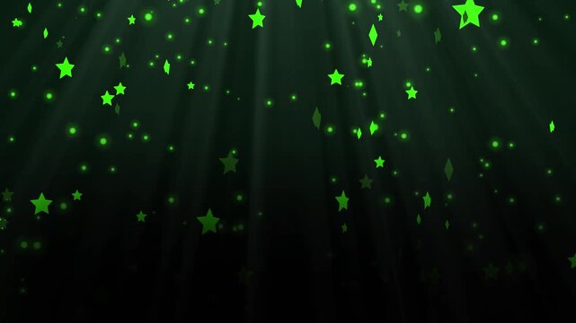 Abstract green star particles floating elegantly on deep black background, beautiful romantic green glitter dust overlay withwith flat doodle vector starry night sky effect. 4k video