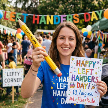 Woman celebrating Lefty's Day with giant pencil and sign at outdoor festival