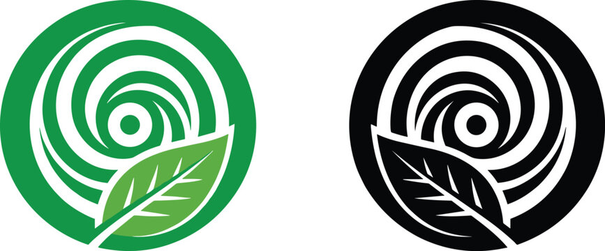 Green and black abstract circle logos featuring spiral vortex or hurricane pattern with single leaf element vector illustration