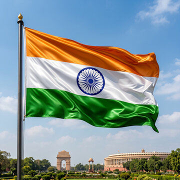 Indian Flag Waving Against Parliament Building and India Gate Under Blue Sky