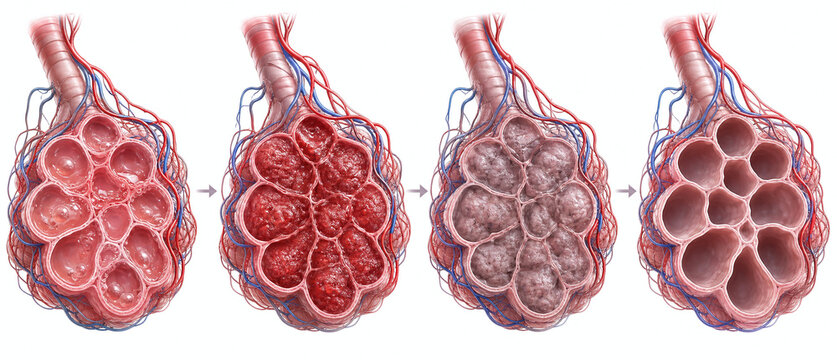 Alveolar pneumonia stages medical lung pathology illustration