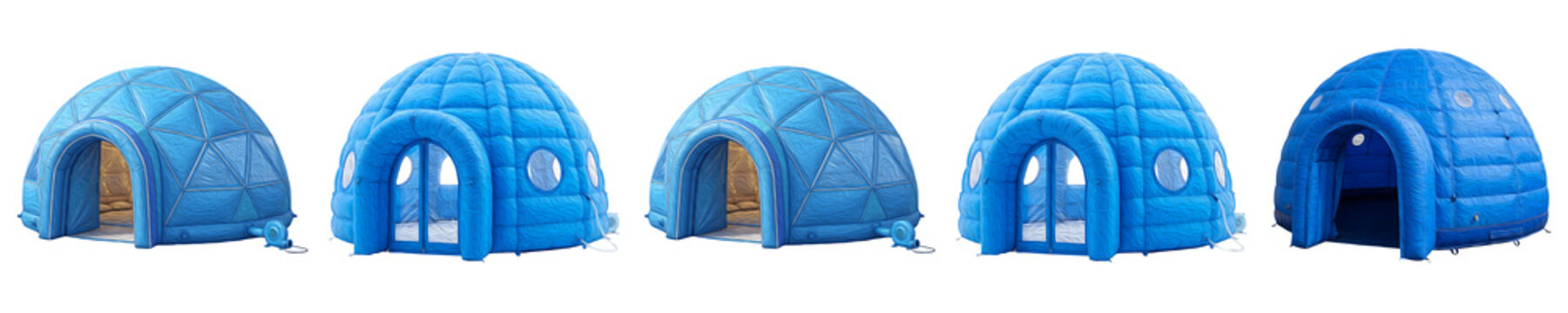 set of the five premium collection blue inflatable igloo dome tents (similar to models by Sayoko Inflatables) on withe background PNG photo stock''
