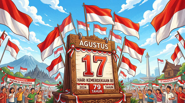 Indonesia Independence Day Celebration: August 17th, 2024, 79th Anniversary, Flags, Crowds, Borobudur, Monas