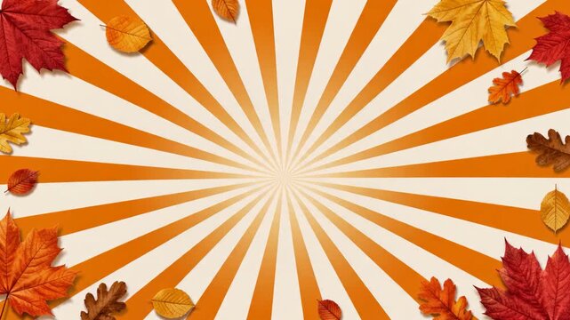 Autumn Leaves Framing Retro Sunburst Background with Copy Space. Seasonal Design, Pop Art Style, Fall Backdrop