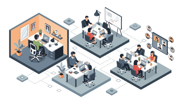Isometric illustration of a modern office space with multiple teams collaborating in different meeting rooms and individual workspaces, connected digitally.