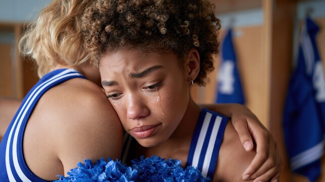 Cheerleader comforted by teammate after a difficult competition or loss