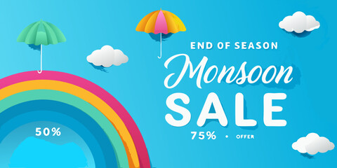 Rainbow and umbrellas vector illustration with monsoon sale typography © MituRani