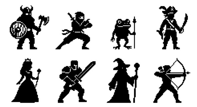 Pixel Art Fantasy Characters Set, Retro Game Icons, Warrior, Ninja, Frog, Princess, Wizard
