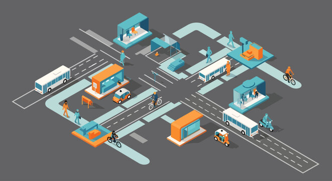 Isometric illustration of a modern city intersection with public transportation, pedestrians, cyclists, and urban infrastructure.