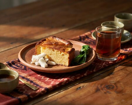 Slice of traditional indonesian cassava cake with coconut and pandan leaf.