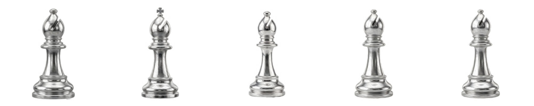 set of the five isolated  silver-finished metal bishop chess pieces on withe background PNG photo stock''