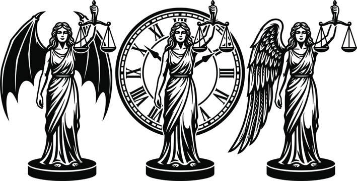 Lady justice statue vector set featuring angel wings bat wings and roman numeral clock face backgrounds