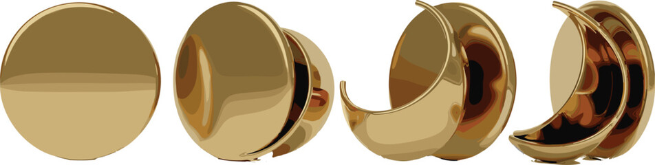 Golden metallic crescent moon and full sphere transformation vector set showing sequential astronomical phases with realistic reflections isolated on white background for luxury celestial designs..eps © MdAzahar