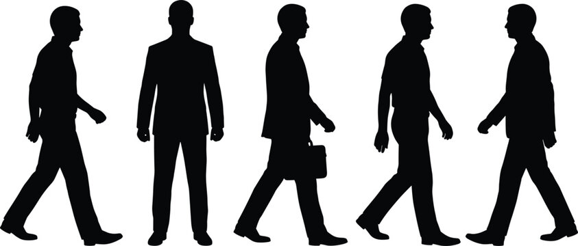 Businessmen silhouettes vector set with male corporate workers walking and standing in suits holding briefcases isolated collection