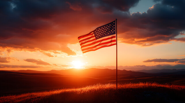 American flag on a flagpole silhouette at dramatic orange sunset sky background
