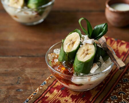 Bowl of traditional indonesian kolak pisang banana dessert with coconut milk and jelly.