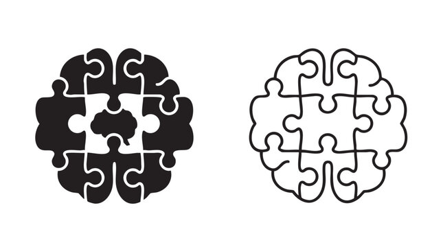 jigsaw puzzle missing piece black silhouette with line art vector icon