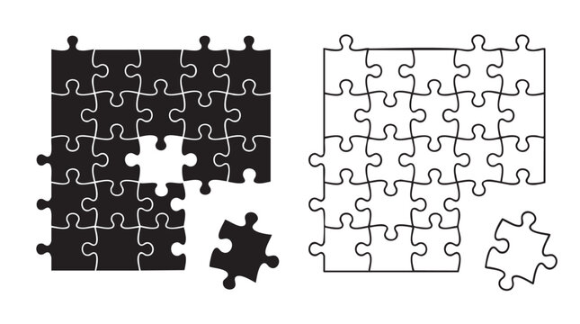jigsaw puzzle missing piece black silhouette with line art vector icon