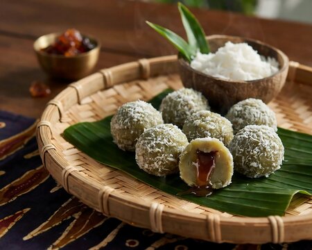 Klepon traditional rice balls filled with liquid palm sugar served on bamboo tray with coconut shell.