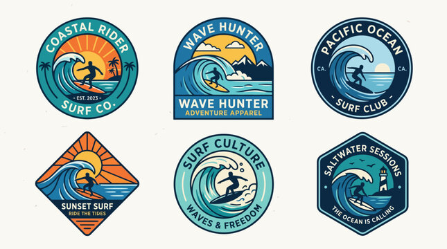 Retro surfing and coastal lifestyle badge collection.