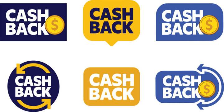 Cash back labels and return bonus badges set vector illustration finance refund or discount program stickers collection isolated on white background