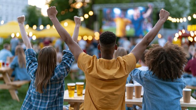 Diverse friends cheer enthusiastically while watching an outdoor sports event on a big screen