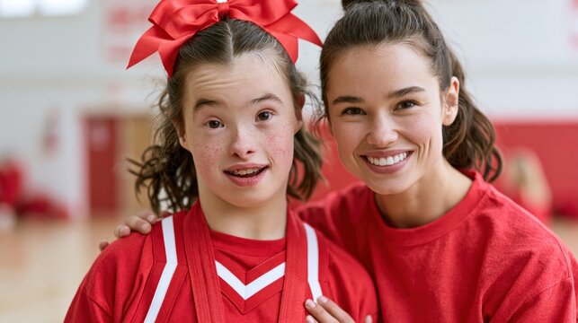 Coach patiently supports a young cheerleader with Down syndrome during practice