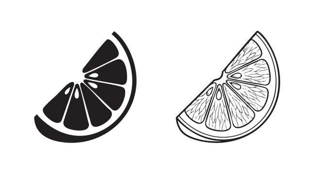 lemon wedge black silhouette with line art vector icon featuring citrus, fruit, food