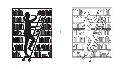 black silhouette with line art vector icon of librarian organizing books on ladder © Shamsul
