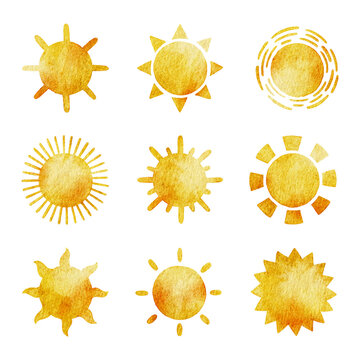 Collection watercolor sun illustrations with varied ray patterns in warm yellow tones.