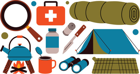 Camping gear vector collection with tent sleeping bag first aid kit frying pan kettle campfire and binoculars © MSTSABINA