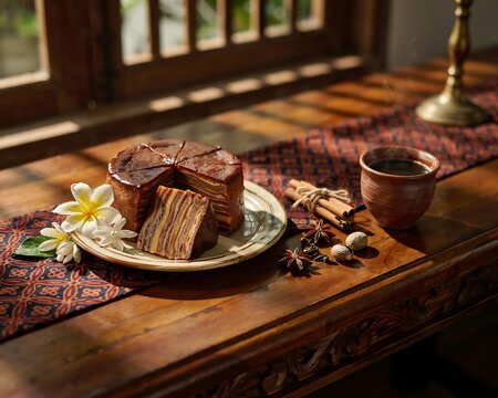 Layered spice cake with coffee and aromatic spices on traditional batik table runner.
