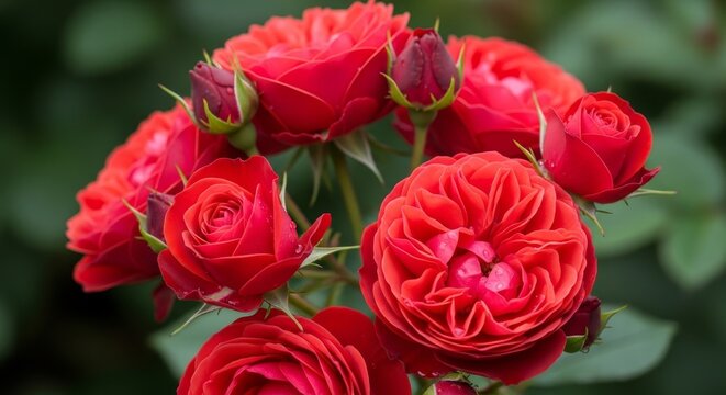 Vibrant cluster of red roses in full bloom against a blurred green backdrop.