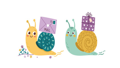 Cute cartoon snail characters carrying a mail letter envelope and a gift box flat vector illustration set © Monzurul