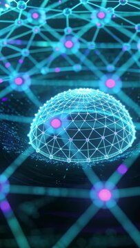 Vertical video: Shifting mesh nudging wire dome pulsing sparking in space cyan lines magenta nodes