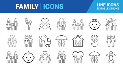 Fototapeta premium Family icons set editable stroke line art vector