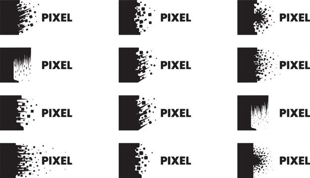 Collection of pixelated with dissolving square particle effects dissolve