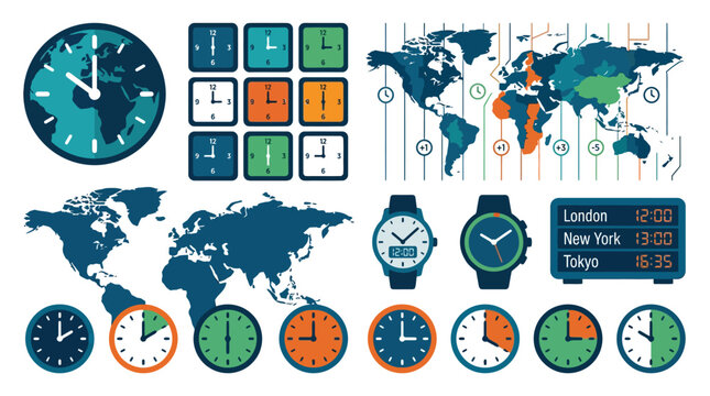 Global time zone map with world clock icons.