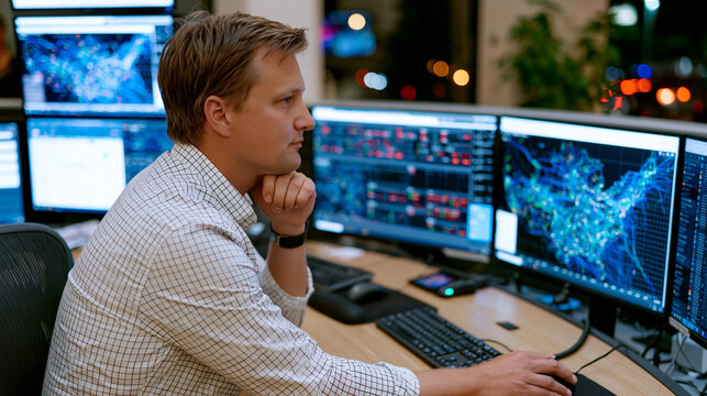 Energy aggregator analyst coordinates a virtual power plant network from a curved workstation, multiple screens displaying distributed battery, solar, and demand-response asset data across a regiona