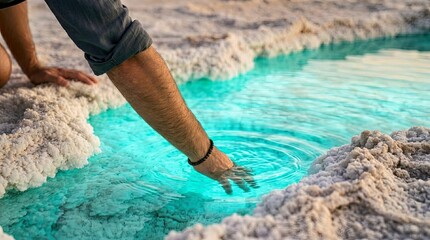 Fototapeta premium Person Touching Turquoise Mineral Water Pool Surrounded by Salt Formations