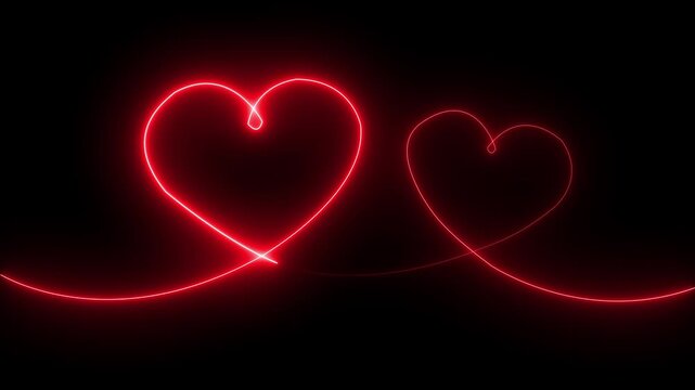 Red color neon glowing Two love hearts. Valentine's Day indicate. Love One line drawing concept. love card neon glowing icon. glowing neon valentines love heart symbol single line double love ..4kvide