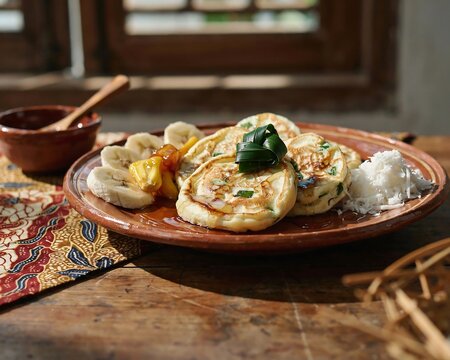 Serabi pancake with coconut and jackfruit served on rustic plate.