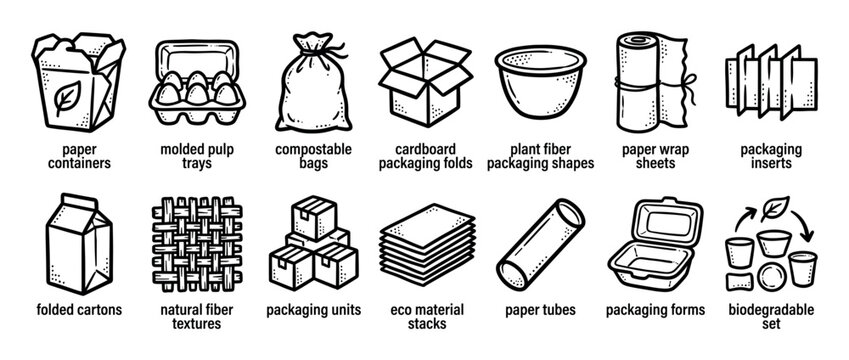 Collection of hand-drawn eco-friendly packaging icons showing various sustainable and biodegradable materials like paper containers, molded pulp trays, and compostable bags in a simple line art style