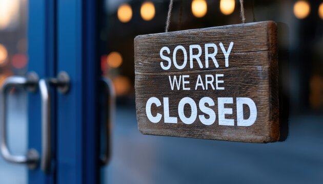 Wooden sorry we are closed sign hanging on a shop door. Concept for retail business shutdown or out of service.