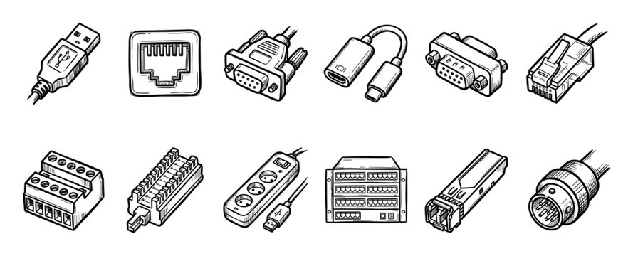 Set of hand-drawn electronic connectors and computer hardware components in a detailed black and white sketch style, featuring USB, Ethernet, VGA, adapters, and a network switch