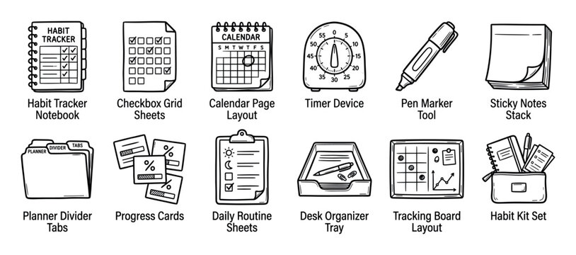 Set of hand drawn icons for habit tracking and planning, featuring a notebook, calendar, timer, and checklist in a black and white doodle style illustration collection for productivity