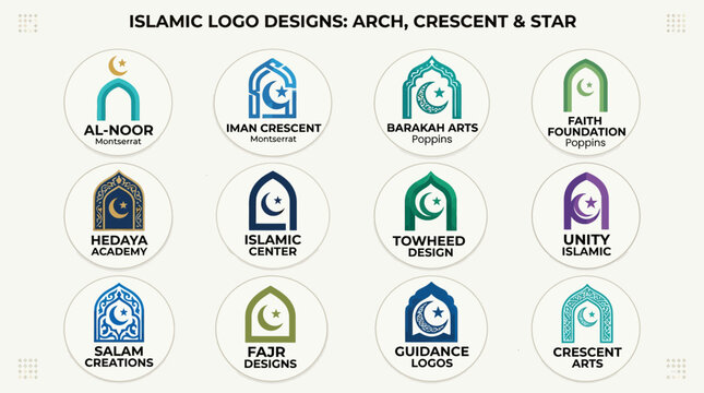 Circular Islamic logo designs with crescents and arches.