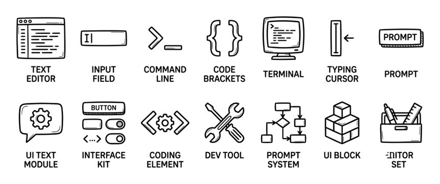 Collection of hand-drawn programming icons for software development, including text editor, command line, terminal, and UI elements in a simple sketch doodle style illustration